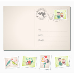 婚礼邀请明信片与邮票矢量素材