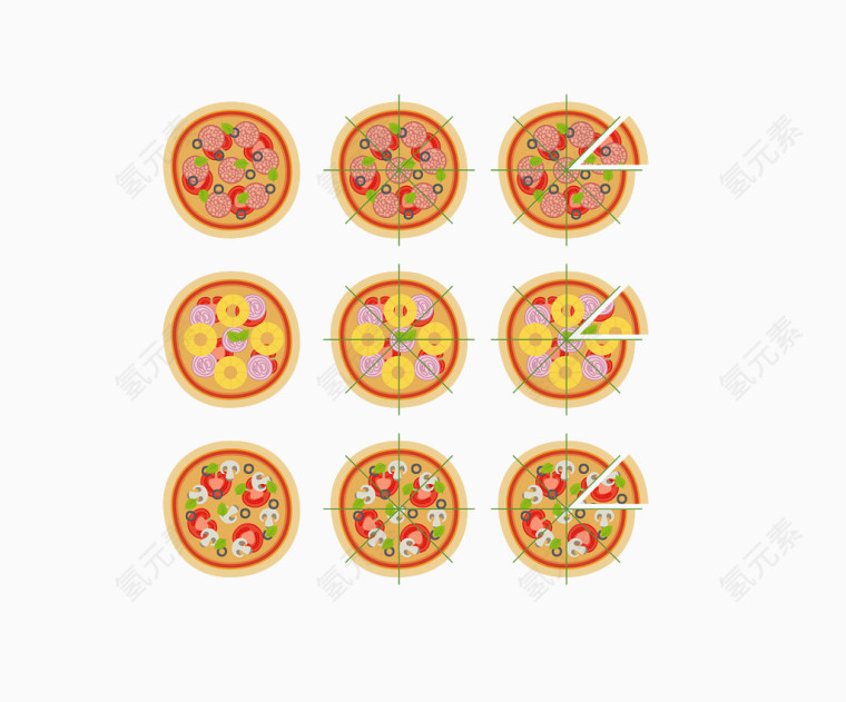 矢量彩色九款西餐pizza集合