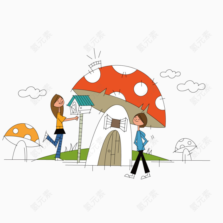 在蘑菇建筑小的男女