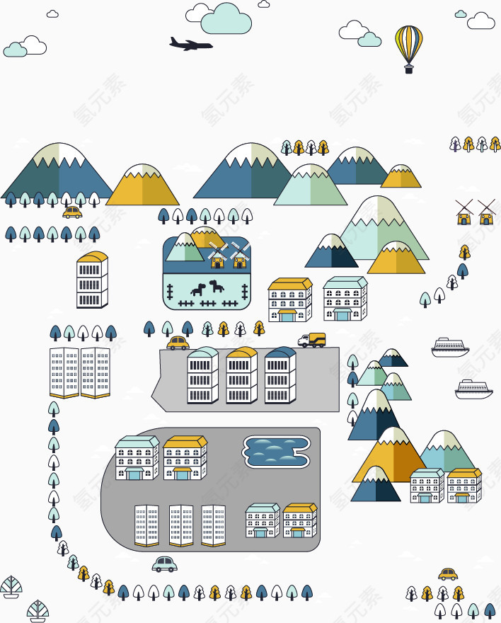 矢量清新城市模型插画