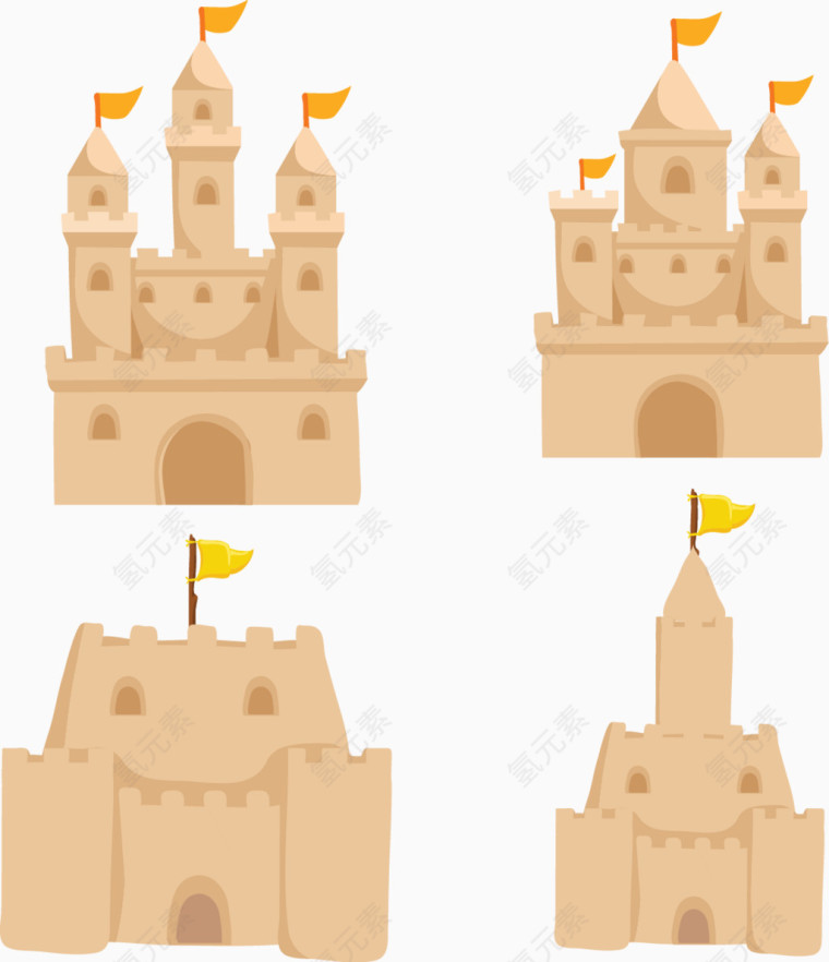 矢量手绘四个沙雕城堡