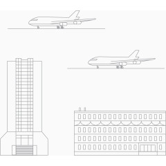 矢量手绘线条建筑机场飞机
