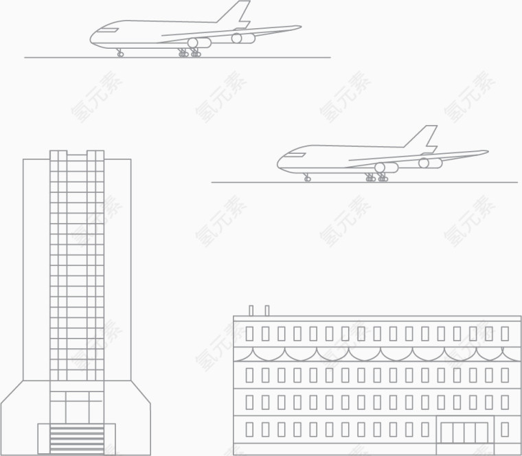 矢量手绘线条建筑机场飞机