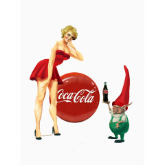 性感红衣女郎与拿着可乐的红帽矮人