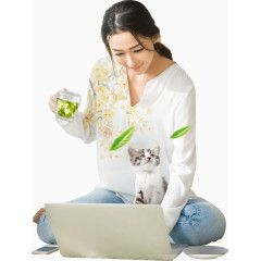 电脑猫咪喝茶的女人