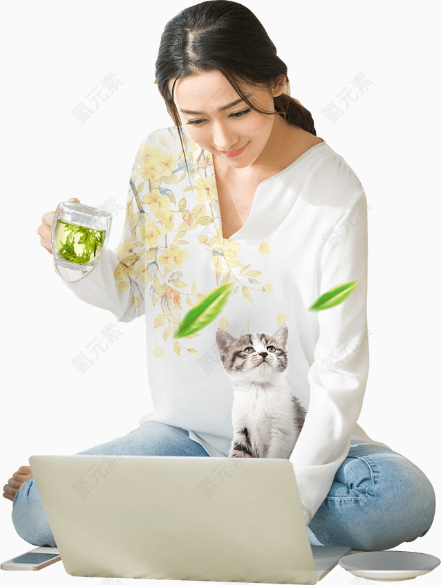 电脑猫咪喝茶的女人