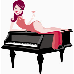 躺在钢琴上喝酒的红唇时尚女人