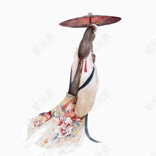 古代女子撑伞水墨画