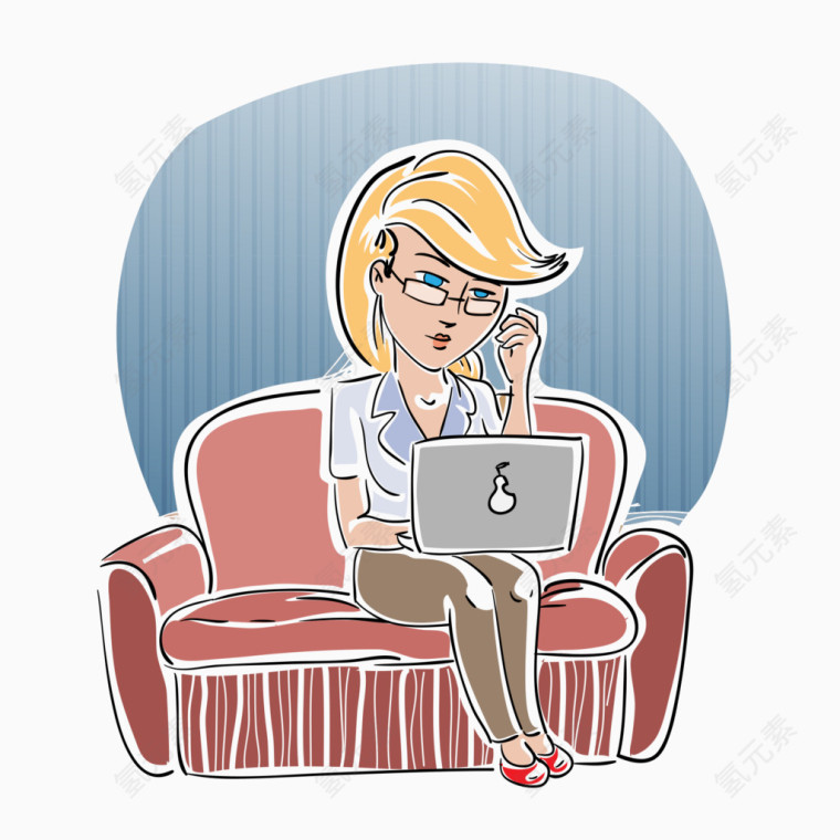 卡通坐沙发的玩电脑的女人