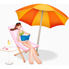 卡通手绘太阳伞沙滩椅美女看书