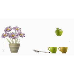 一盆小紫花和茶杯