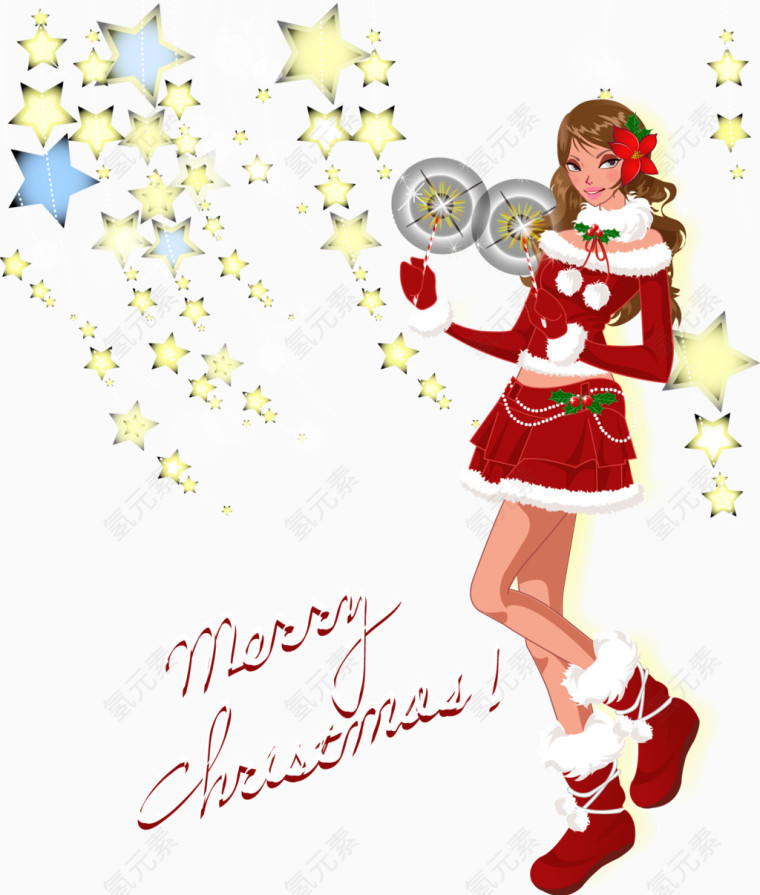 星星和穿着圣诞服的少女矢量素材