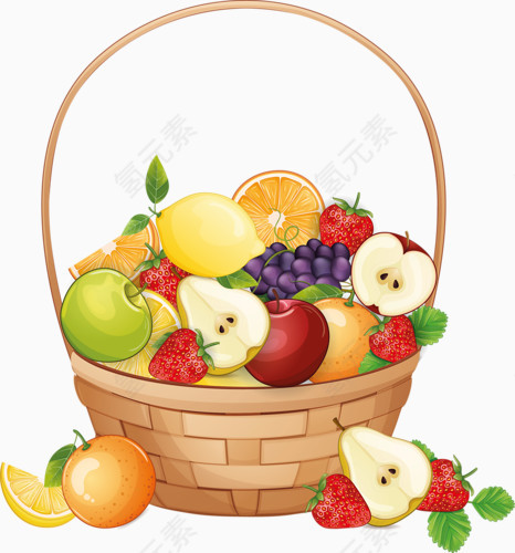 手绘一篮子各式各样的水果