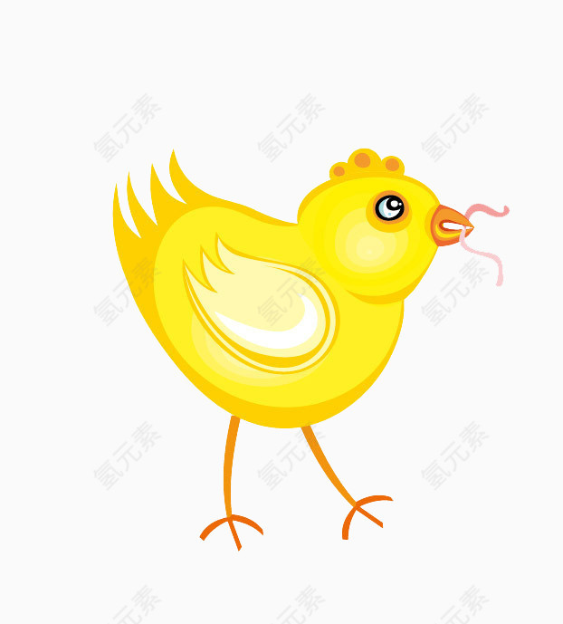 一只正在吃虫子的卡通黄色小鸡