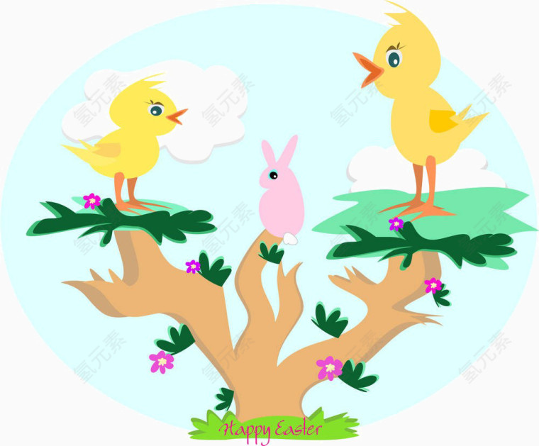 卡通树上的鸟兔子