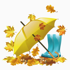 卡通雨伞雨靴与落叶