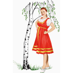 一个红裙子女生站在树下