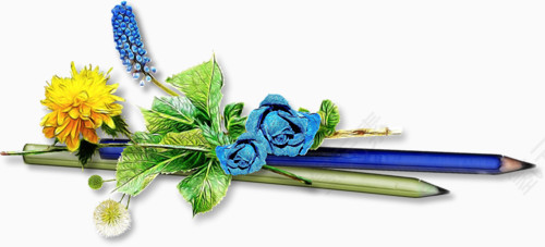 手绘笔和花的装饰素材