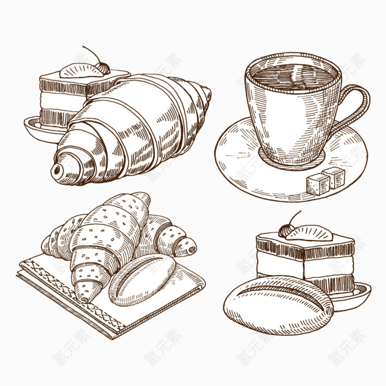 矢量手绘面包和茶