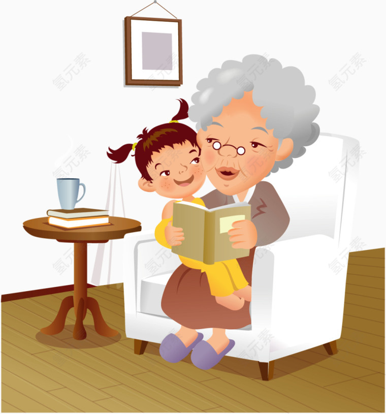 矢量手绘奶奶和孙女