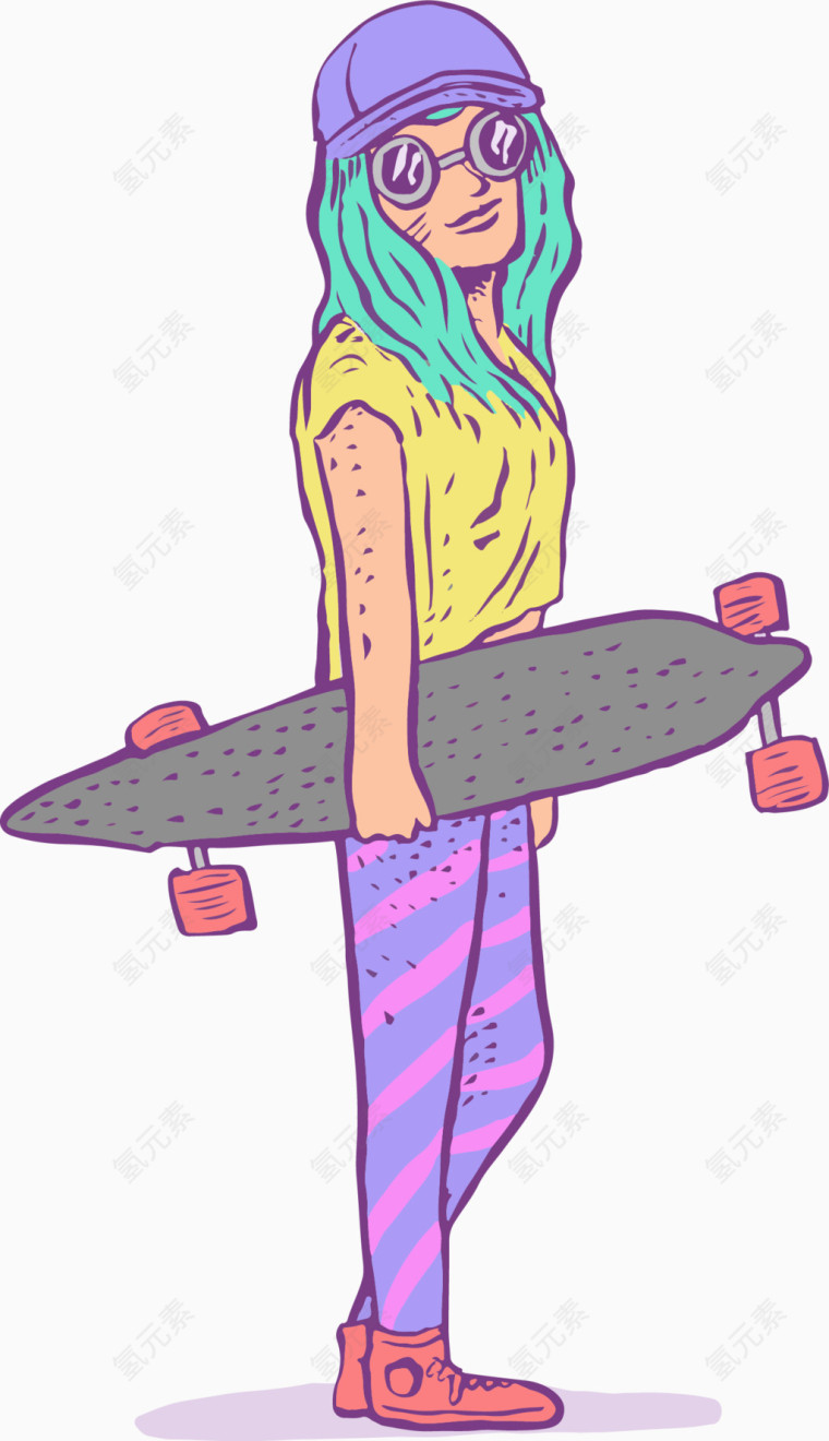 矢量手绘现代玩滑板女孩