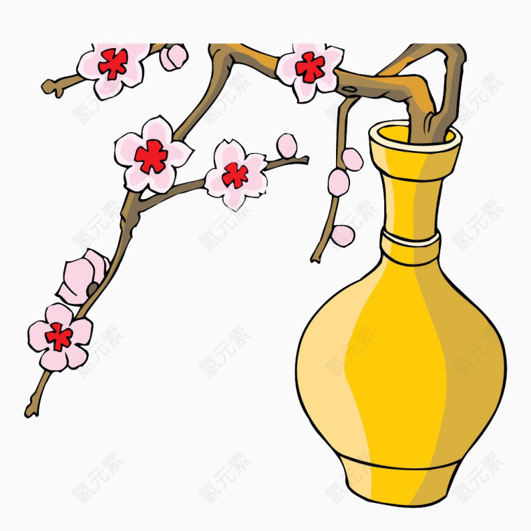 一株插在黄色花瓶里的桃花