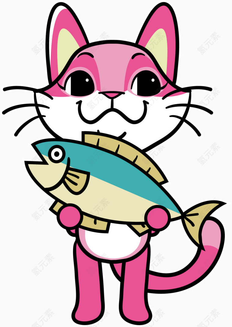 矢量手绘抱鱼的猫咪
