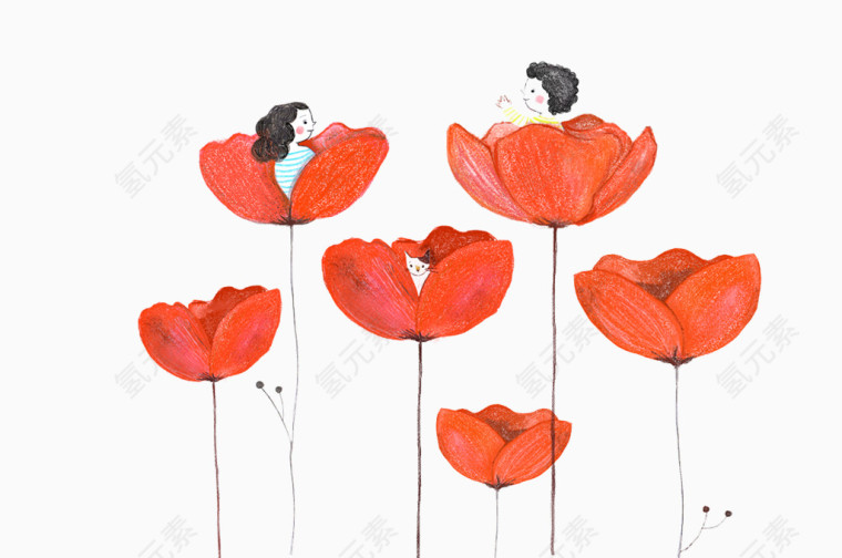 红色的花里坐着两个人