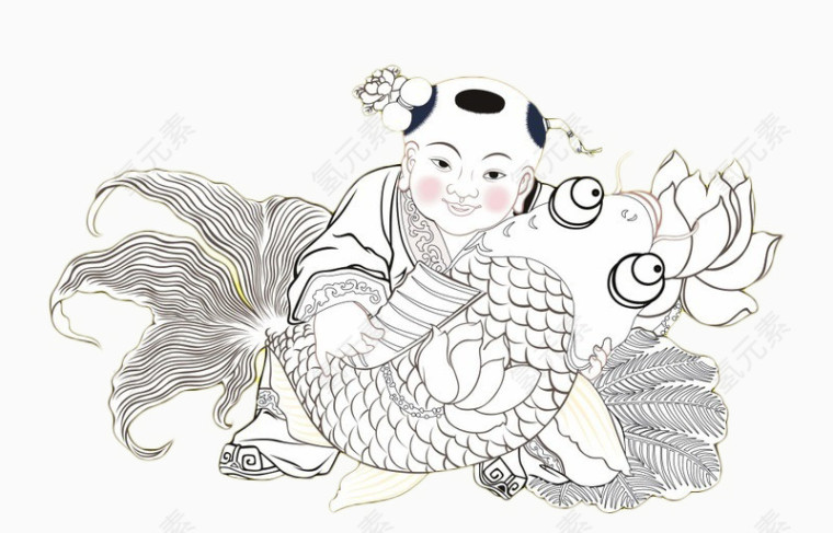 线描孩童抱鱼免扣素材