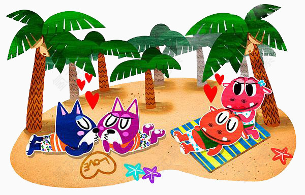 动物情侣休息棕榈树海滩暑假
