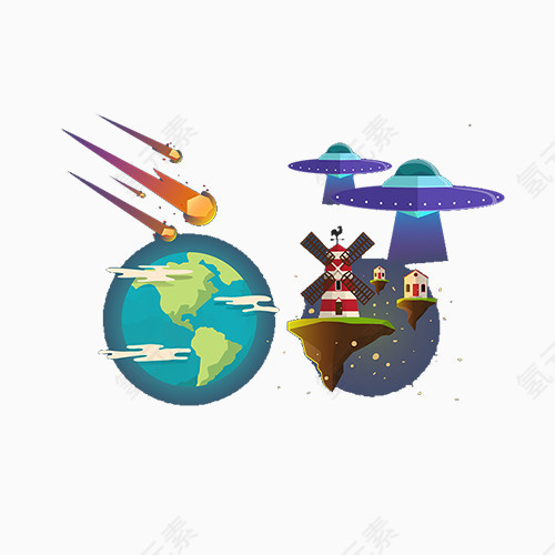 地球和飞碟与悬浮岛