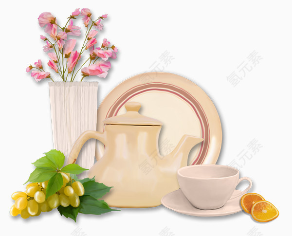 鲜花水果和陶瓷茶壶杯子