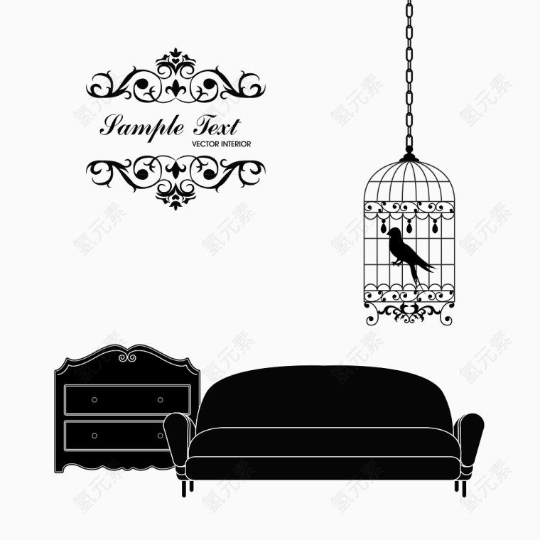 鸟笼与沙发背景底纹花纹家具欧式