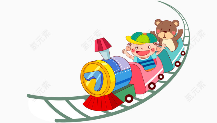 卡通手绘儿童玩具小火车上小孩子