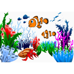 矢量海底小鱼和彩色水草