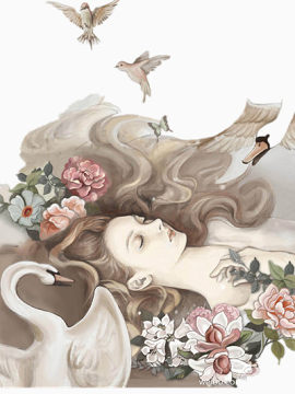 躺在花里的女人和鸽子