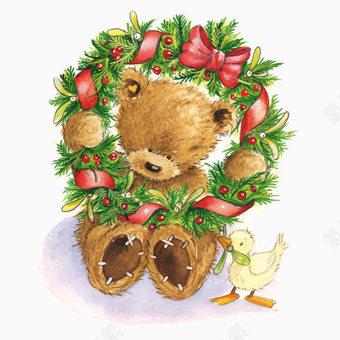 装饰圣诞花环的小熊和鸭子