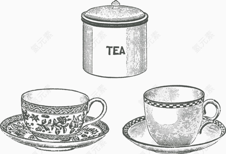 矢量手绘精美茶杯茶叶罐
