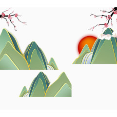 卡通山和日落免抠素材