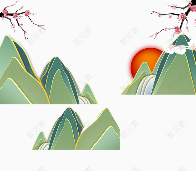 卡通山和日落免抠素材