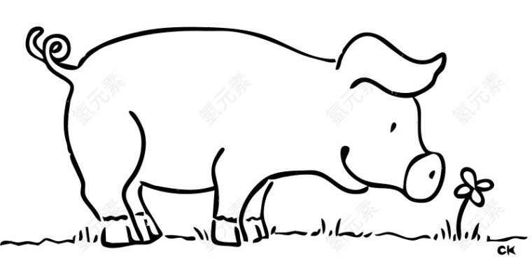 手绘的卡通闻花的猪