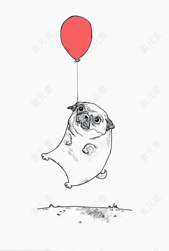 手绘素描狗狗吊气球