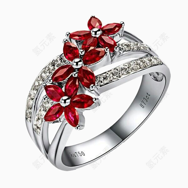 产品实物红宝石花瓣三朵戒指