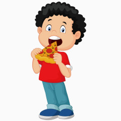 吃披萨的卡通卷发男孩
