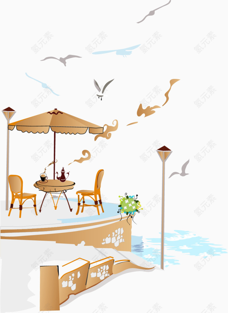 矢量手绘海边咖啡馆