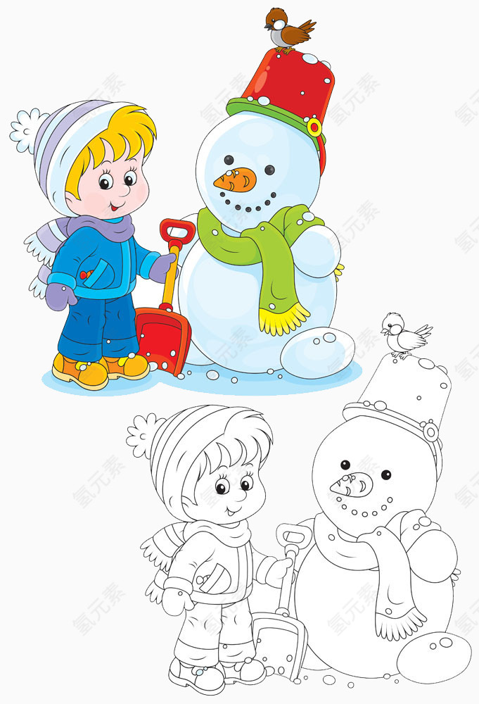 雪人身边的可爱男孩卡通画