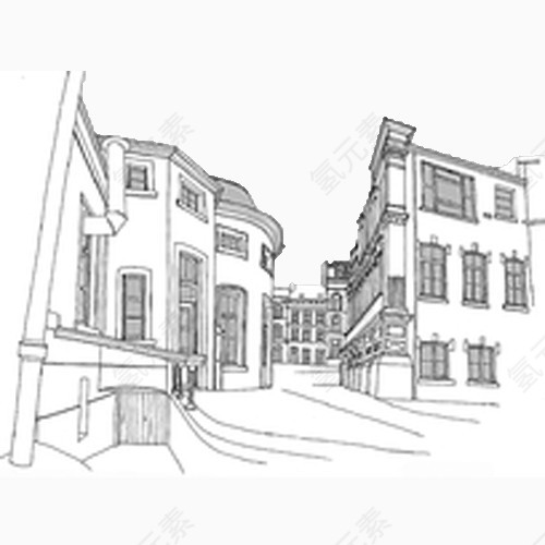 欧式建筑街景手绘线描图