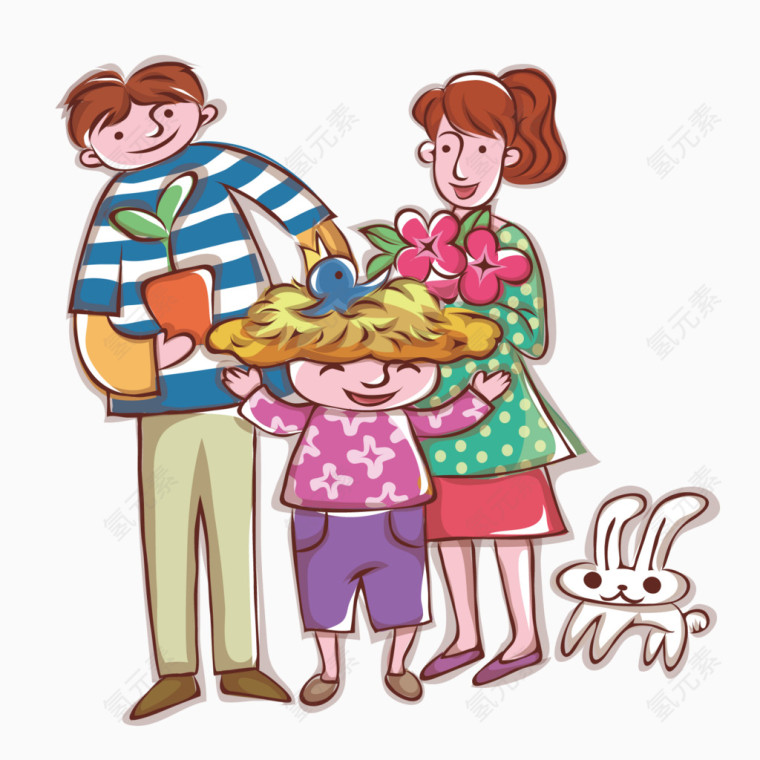 拿盆栽植物的父母和孩子