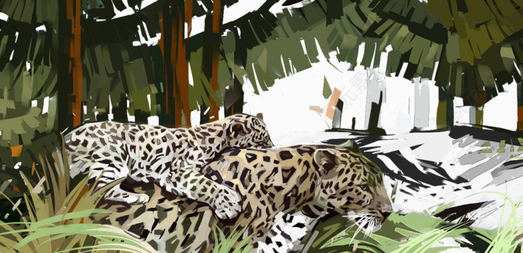 两只豹子和芭蕉森林