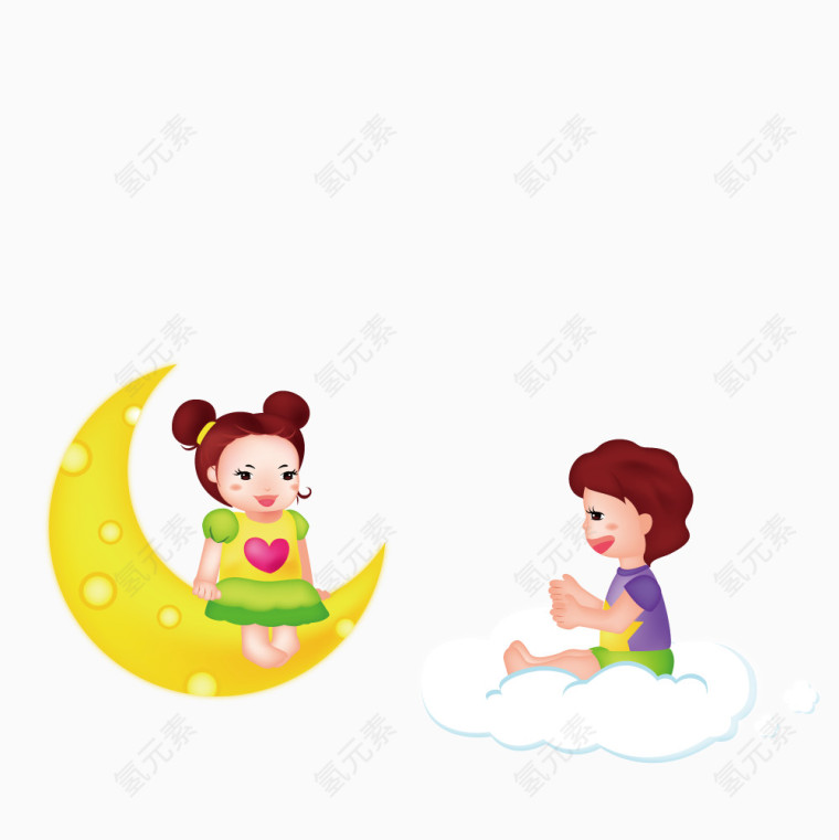 月亮上的女孩和坐在白云上的男孩